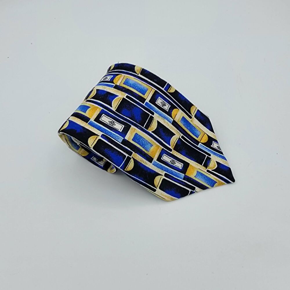 Mulberry Men’s Geometric Necktie Blue Gold 100% Italian Silk 57 x 4